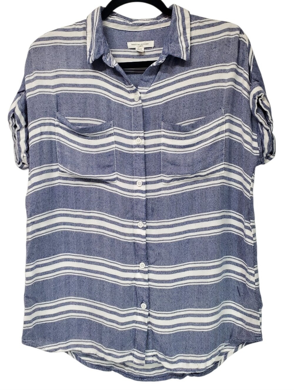 BeachLunchloung Blue With White Striped Button Down Blouse Beach Casual Size PS